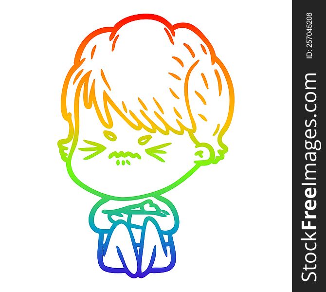 rainbow gradient line drawing of a cartoon frustrated woman