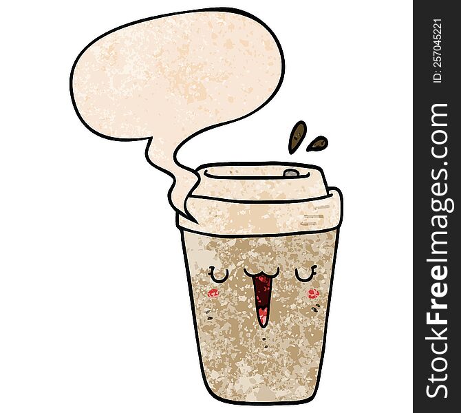 cartoon coffee cup with speech bubble in retro texture style