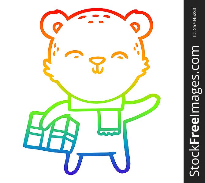 Rainbow Gradient Line Drawing Happy Cartoon Bear With Present