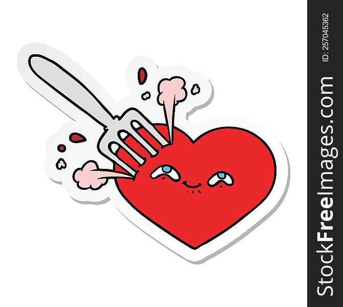 sticker of a cartoon love heart stuck with fork