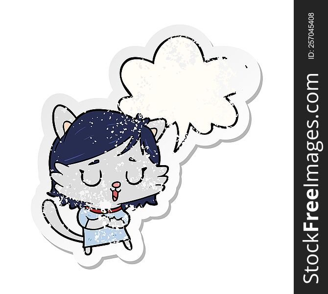 cartoon cat girl and speech bubble distressed sticker