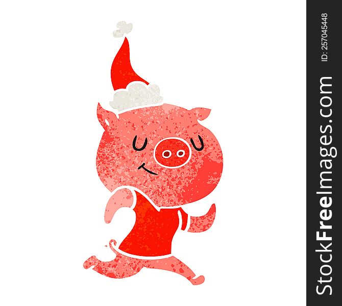 Happy Retro Cartoon Of A Pig Running Wearing Santa Hat