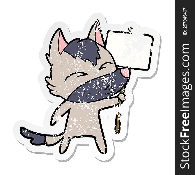 distressed sticker of a cartoon wolf with protest sign