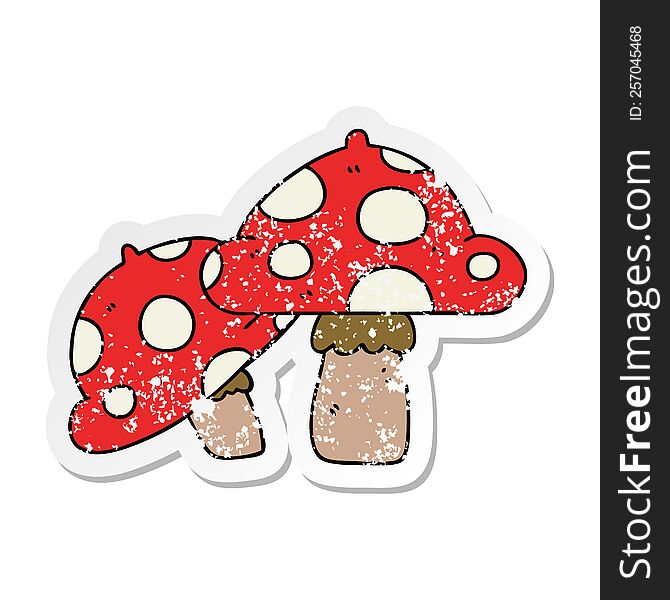 distressed sticker of a quirky hand drawn cartoon toadstools