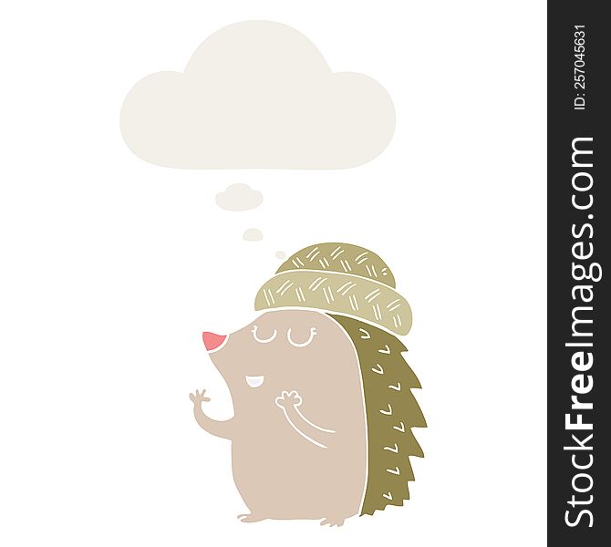 Cartoon Hedgehog Wearing Hat And Thought Bubble In Retro Style