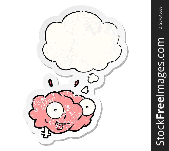 funny cartoon brain with thought bubble as a distressed worn sticker