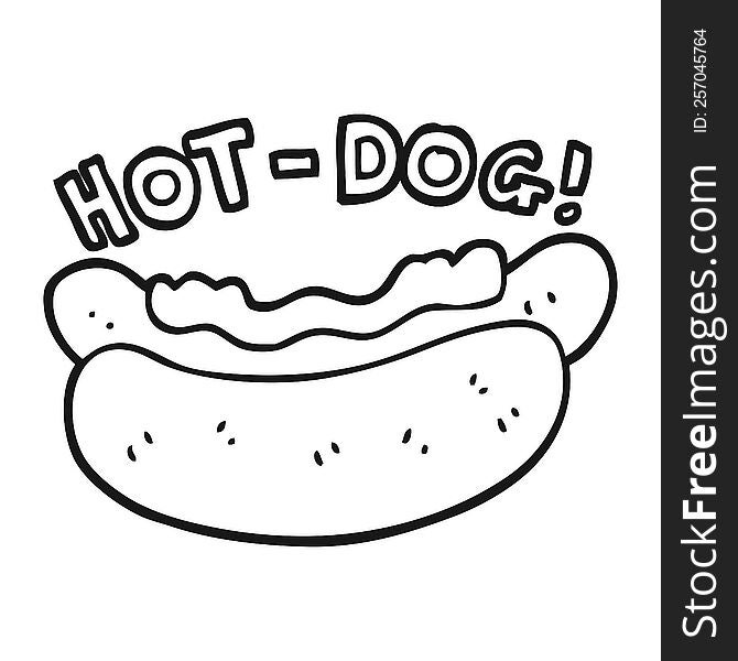 freehand drawn black and white cartoon hotdog