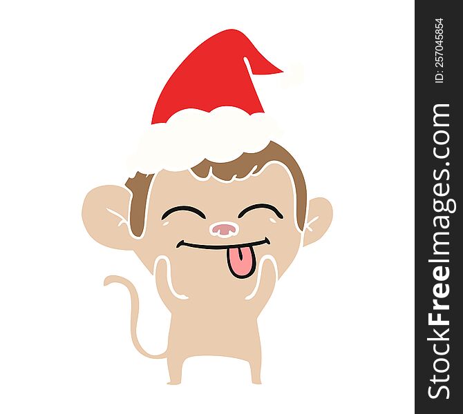 Funny Flat Color Illustration Of A Monkey Wearing Santa Hat