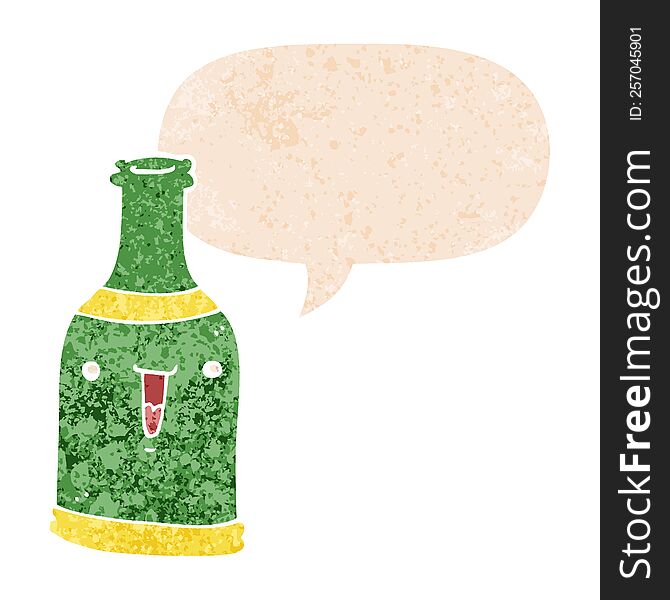 cartoon beer bottle and speech bubble in retro textured style