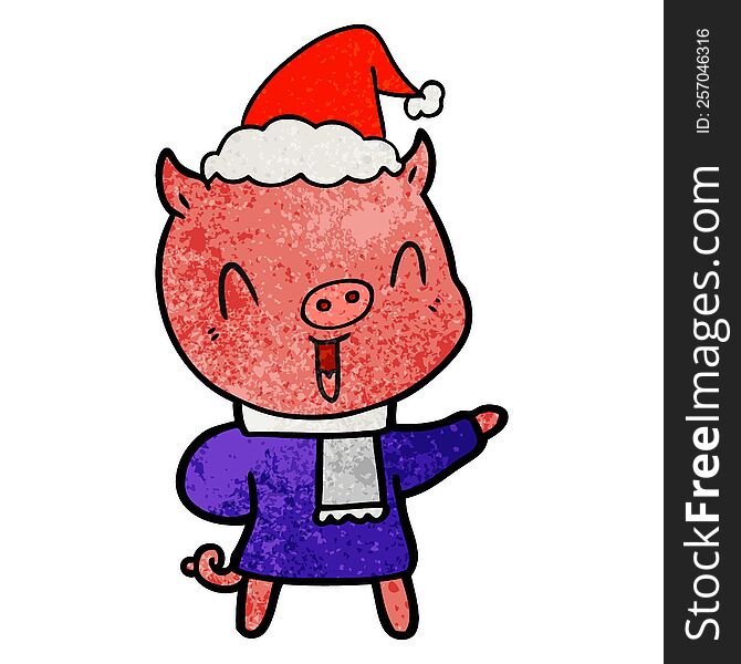 happy hand drawn textured cartoon of a pig in winter clothes wearing santa hat