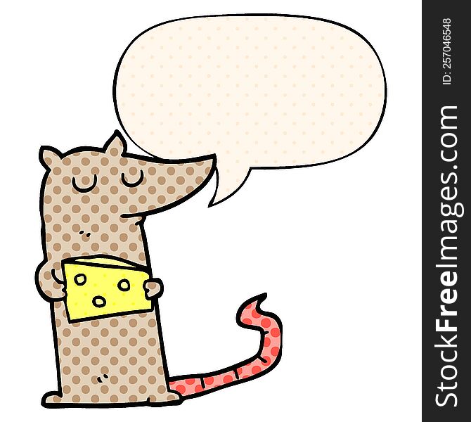 Cartoon Mouse And Cheese And Speech Bubble In Comic Book Style