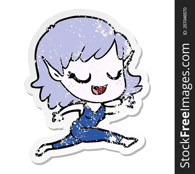 distressed sticker of a happy cartoon elf girl running