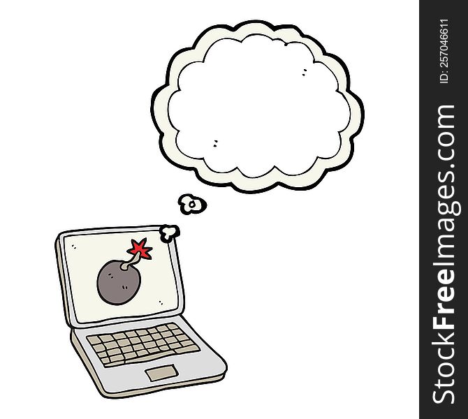 freehand drawn thought bubble cartoon laptop computer with error screen
