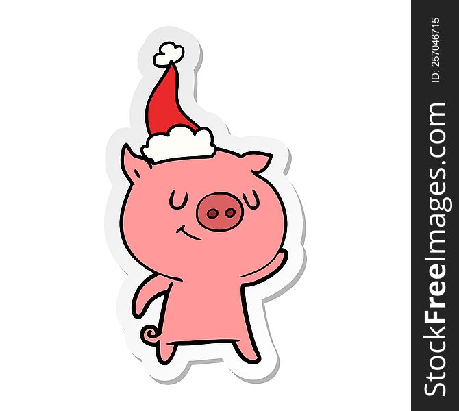 happy hand drawn sticker cartoon of a pig wearing santa hat. happy hand drawn sticker cartoon of a pig wearing santa hat