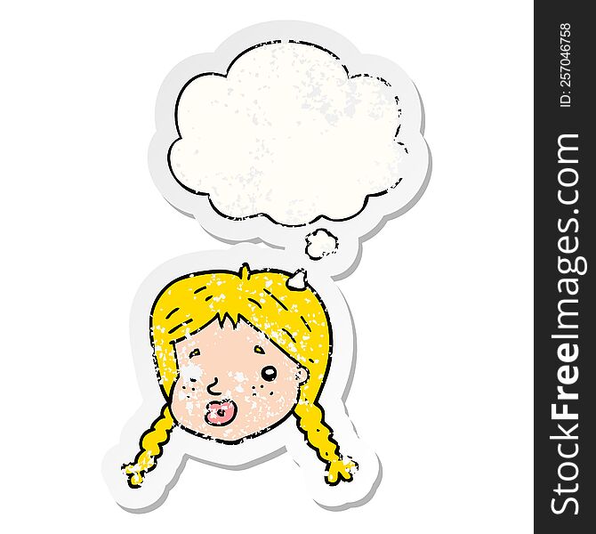 Cartoon Girls Face And Thought Bubble As A Distressed Worn Sticker