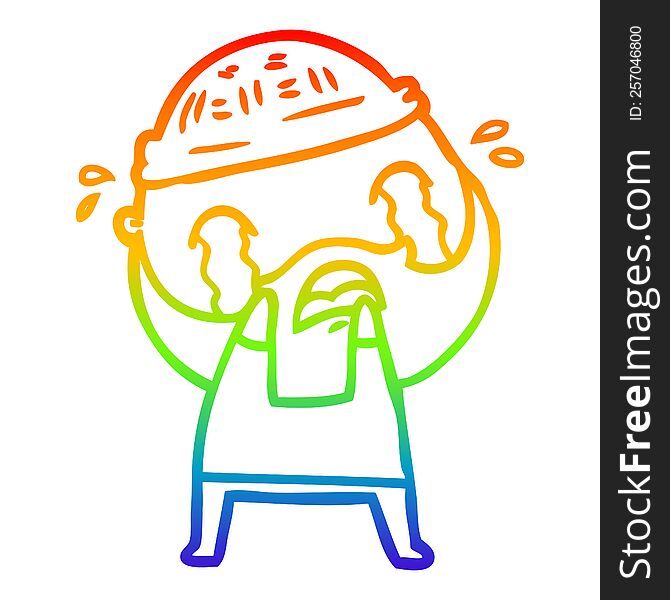 Rainbow Gradient Line Drawing Cartoon Bearded Man Crying