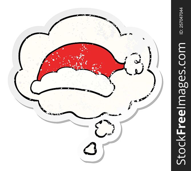 Cartoon Christmas Hat And Thought Bubble As A Distressed Worn Sticker