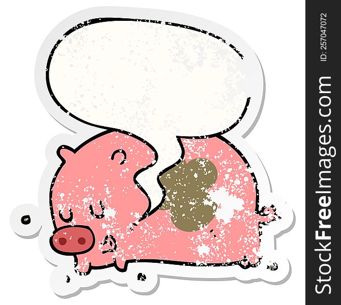 Cute Cartoon Pig And Speech Bubble Distressed Sticker