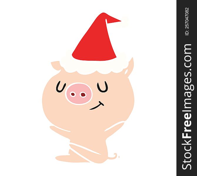happy hand drawn flat color illustration of a pig wearing santa hat. happy hand drawn flat color illustration of a pig wearing santa hat