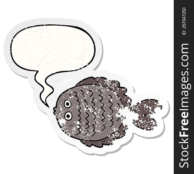 Cartoon Flat Fish And Speech Bubble Distressed Sticker