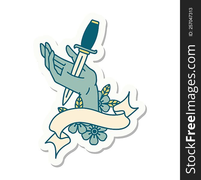 Tattoo Sticker With Banner Of A Dagger In The Hand
