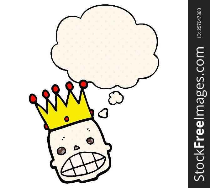 cartoon spooky skull face with crown with thought bubble in comic book style