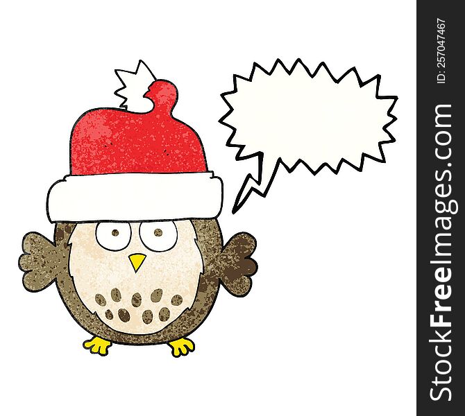 Speech Bubble Textured Cartoon Owl Wearing Christmas Hat