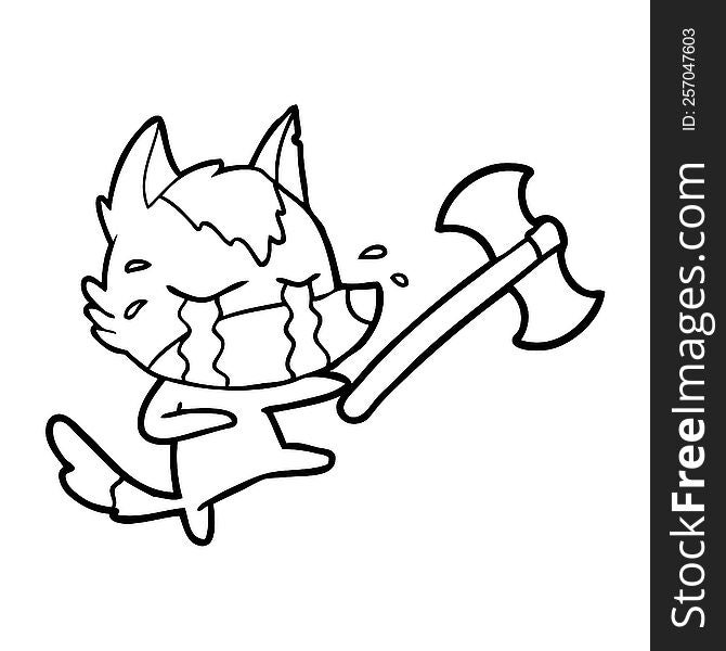 cartoon crying wolf throwing axe. cartoon crying wolf throwing axe