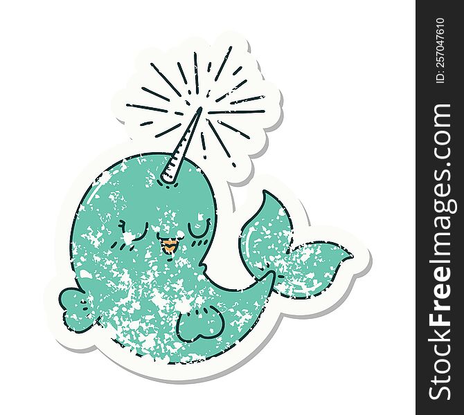 Grunge Sticker Of Tattoo Style Happy Narwhal