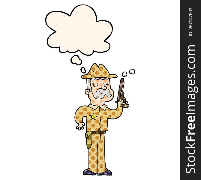 cartoon sheriff with thought bubble in comic book style