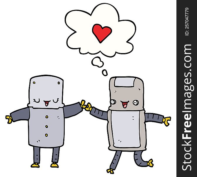 cartoon robots in love with thought bubble. cartoon robots in love with thought bubble