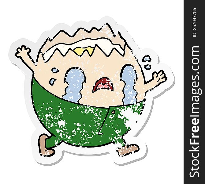 distressed sticker of a humpty dumpty cartoon egg man crying
