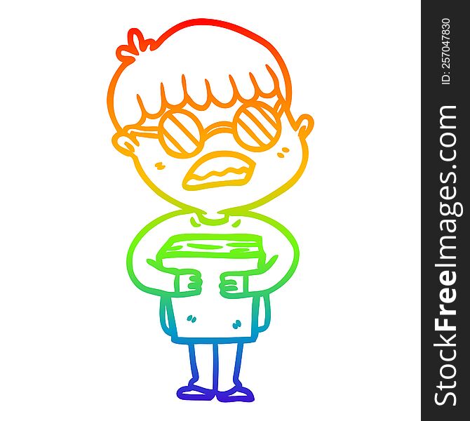 rainbow gradient line drawing of a cartoon boy hugging book wearing spectacles