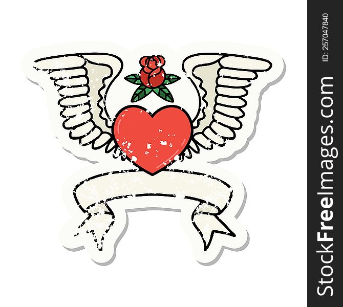 worn old sticker with banner of a heart with wings. worn old sticker with banner of a heart with wings