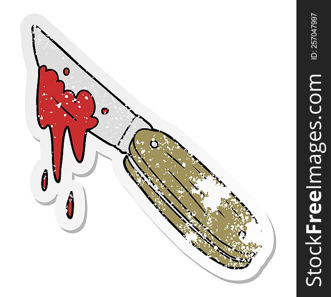 Distressed Sticker Of A Cartoon Bloody Knife
