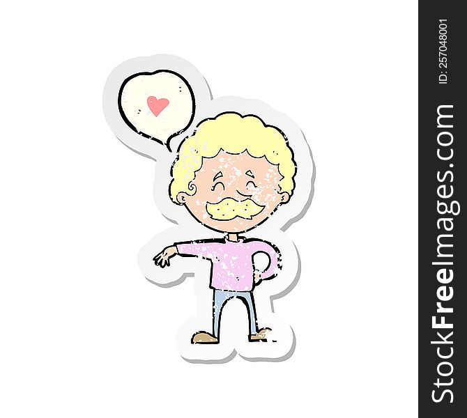 retro distressed sticker of a cartoon mustache man in love