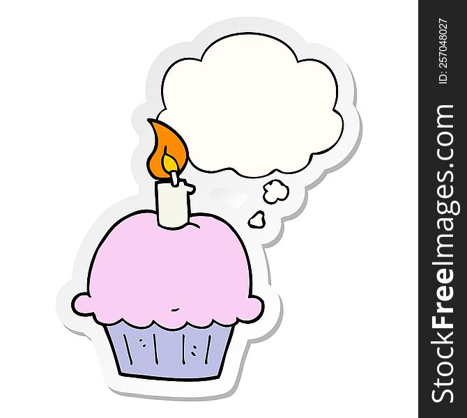 cartoon birthday cupcake with thought bubble as a printed sticker