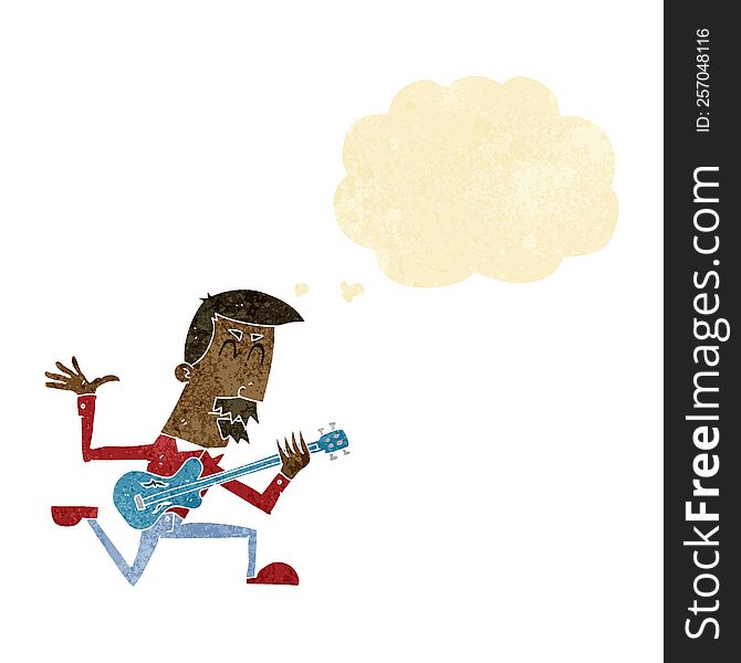 cartoon man playing electric guitar with thought bubble