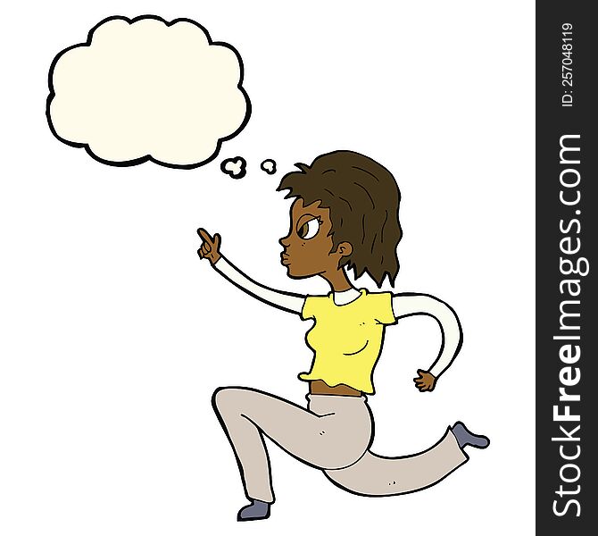 cartoon woman running and pointing with thought bubble