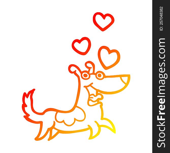 warm gradient line drawing cartoon dog with love hearts