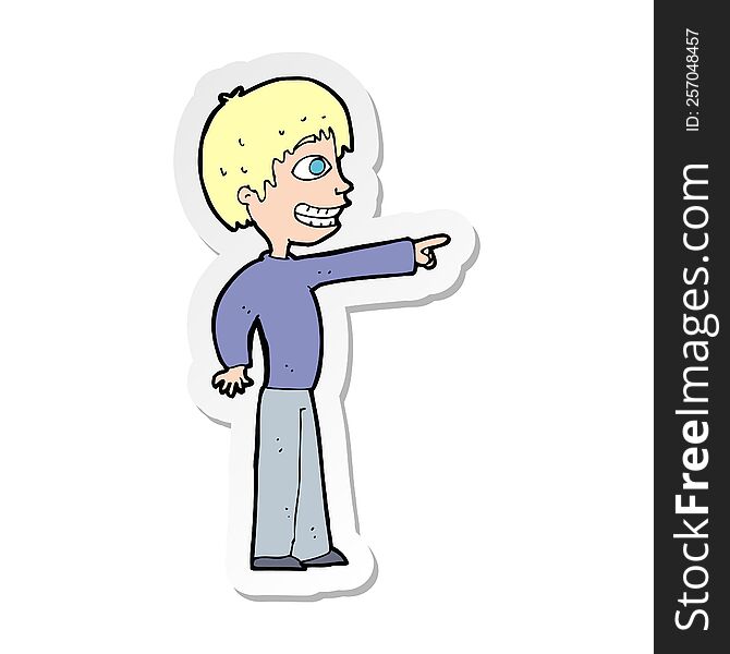 Sticker Of A Cartoon Grinning Boy Pointing