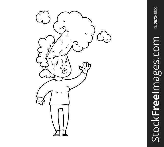 freehand drawn black and white cartoon woman letting off steam