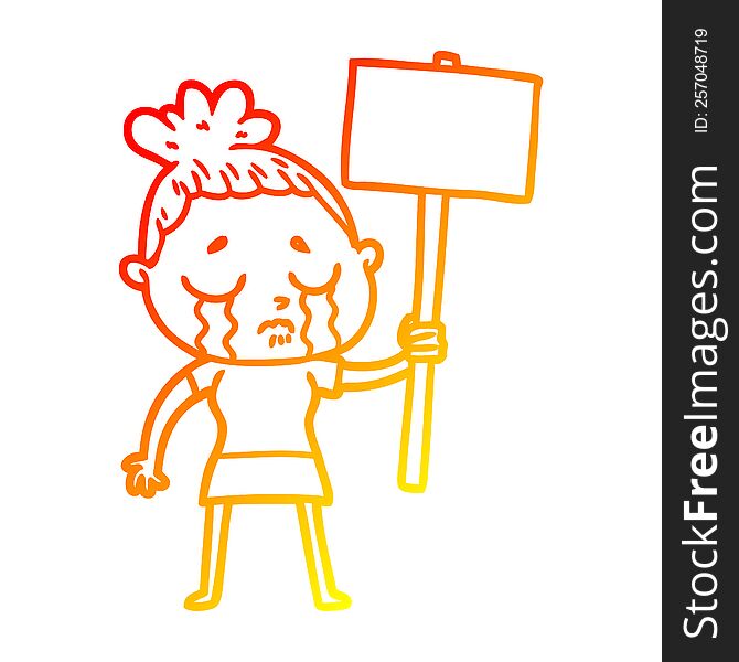 Warm Gradient Line Drawing Cartoon Crying Woman With Protest Sign