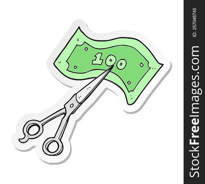 sticker of a cartoon scissors cutting money