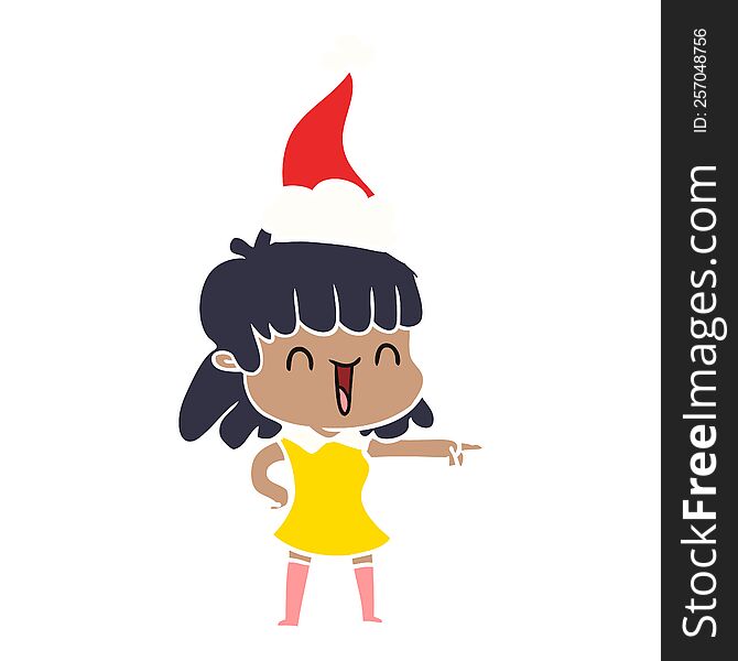 hand drawn flat color illustration of a happy girl wearing santa hat