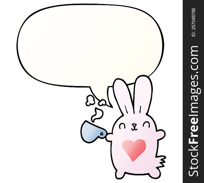 cute cartoon rabbit with love heart and coffee cup with speech bubble in smooth gradient style