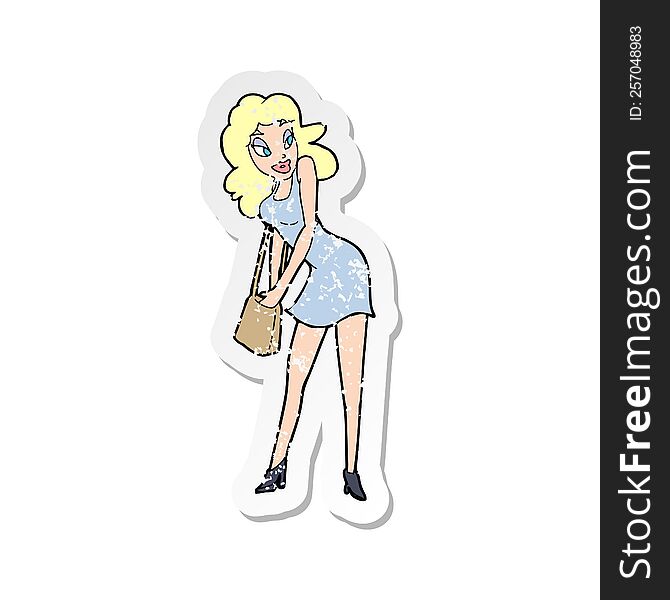 retro distressed sticker of a cartoon woman looking in handbag