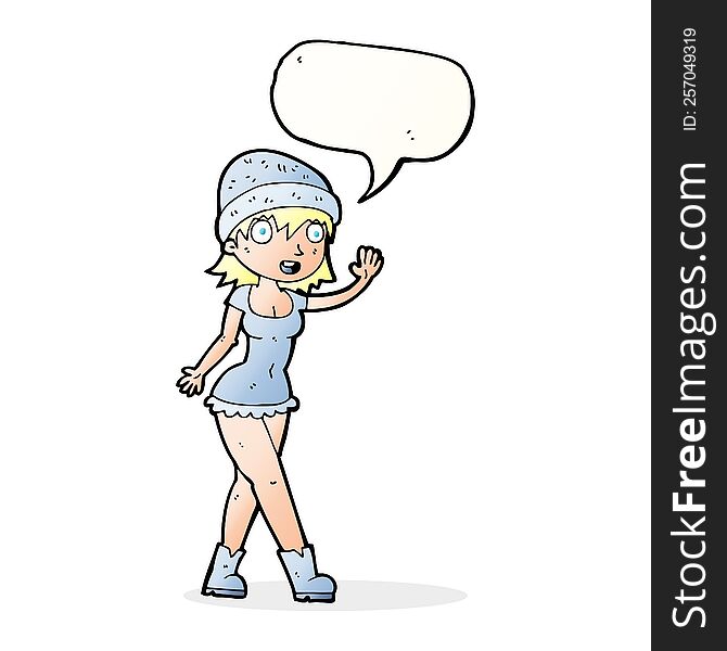 Cartoon Pretty Girl In Hat Waving With Speech Bubble