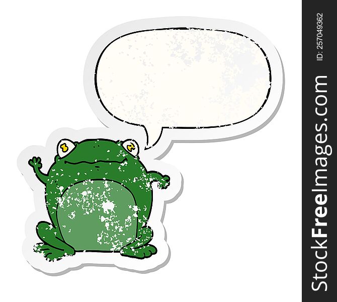cartoon frog with speech bubble distressed distressed old sticker. cartoon frog with speech bubble distressed distressed old sticker