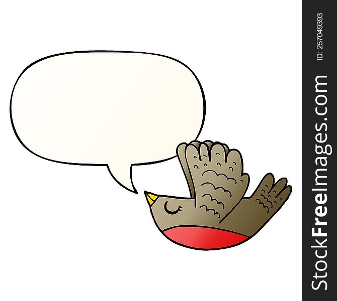 cartoon flying bird with speech bubble in smooth gradient style